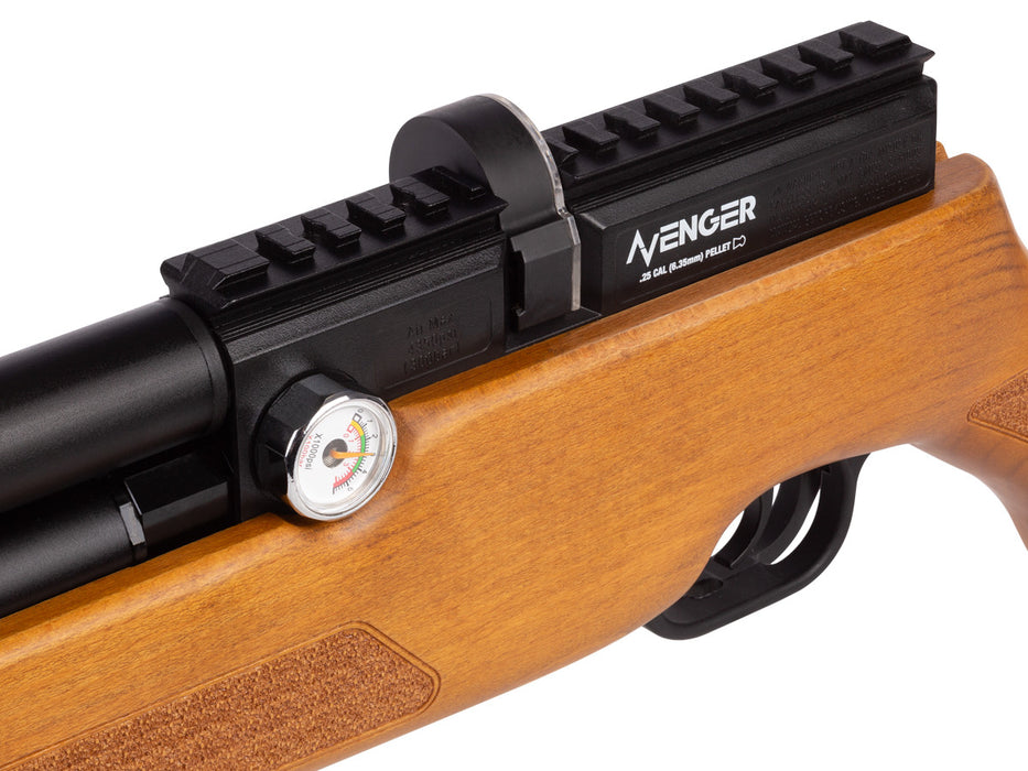 air venturi aigun pcp regulated air rifle wood stock weaver rail close up